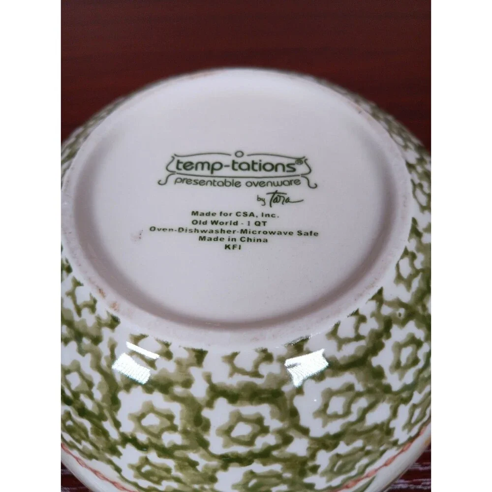 Temp-Tations Old World 1 Quart Serving Mixing Bowl With Lid Green EUC